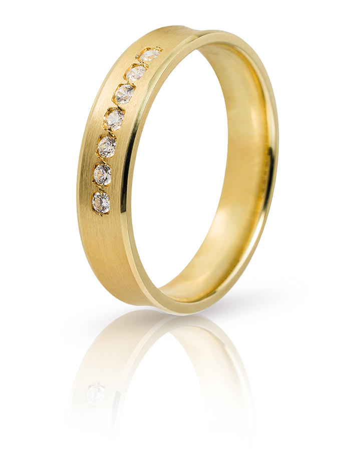 Yellow gold wedding ring at 4.5mm in matte and polished surface with 7 white zircons K14.