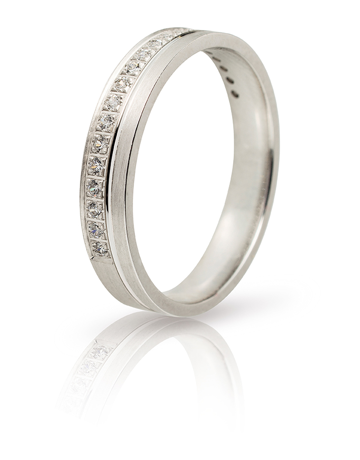 White gold wedding ring at 4.0mm in matte and polished surface decorated with white K14 zircons.