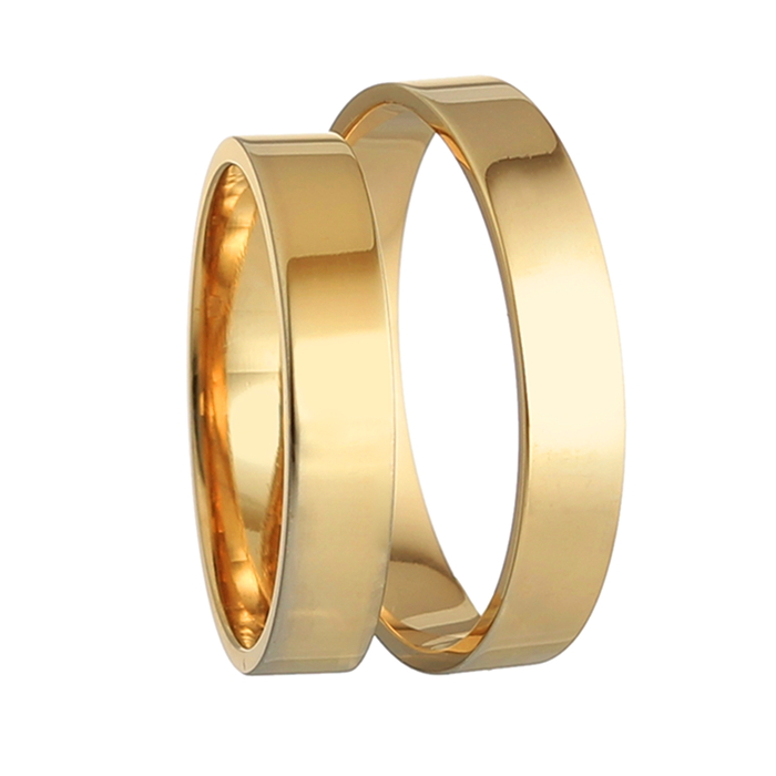 Handmade classic flat wedding rings at 4.0mm from yellow gold K14.