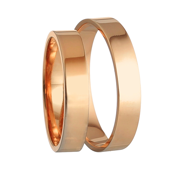 Handmade classic flat wedding rings at 4.0mm from rose gold K14.