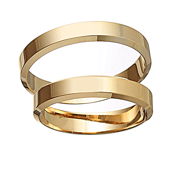 Handmade flat wedding rings with split angle at 4.0mm from yellow gold K14.