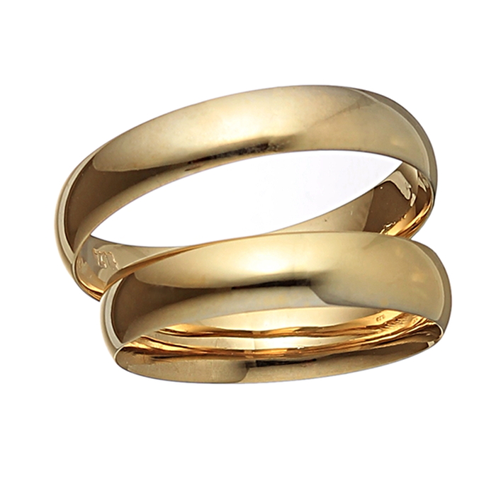 Handmade classic polished wedding rings at 4.5mm from yellow gold K14.