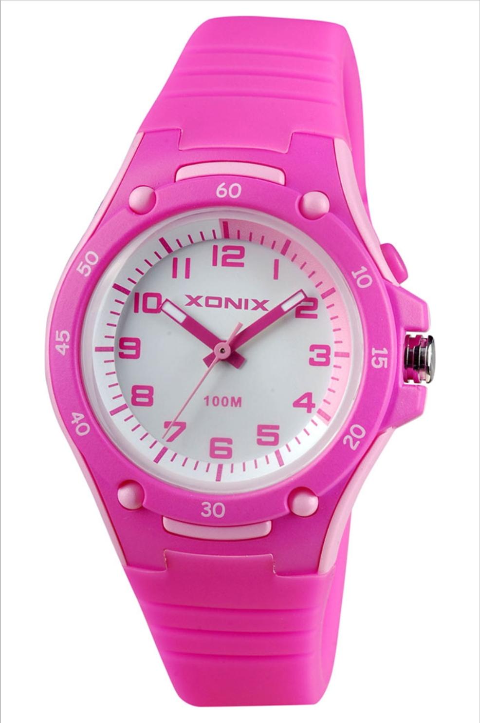 Xonix childrens watch with white dial and fuchsia rubber strap AAI-003.