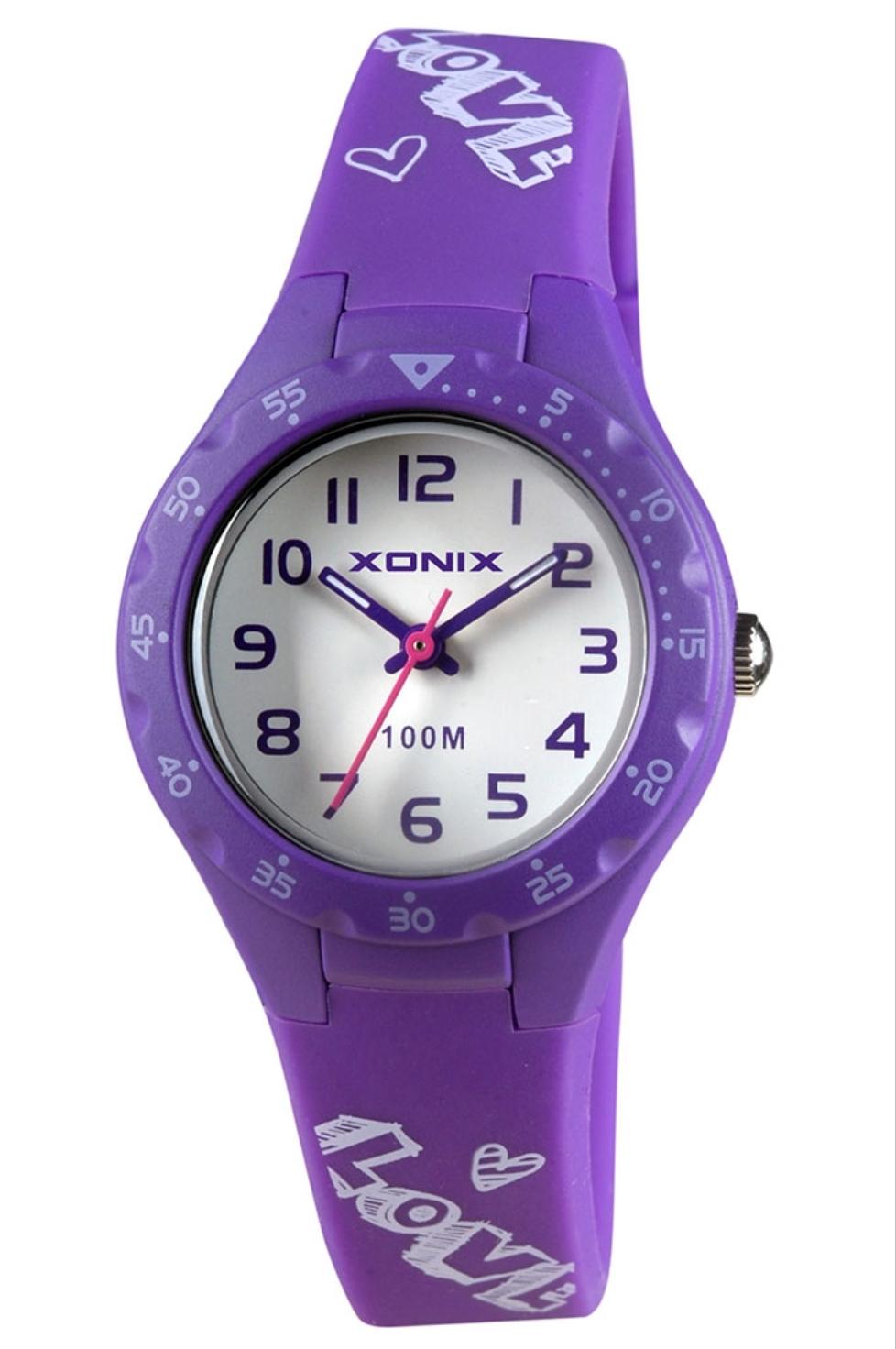 Xonix childrens watch with white dial and purple rubber strap AAM-004.