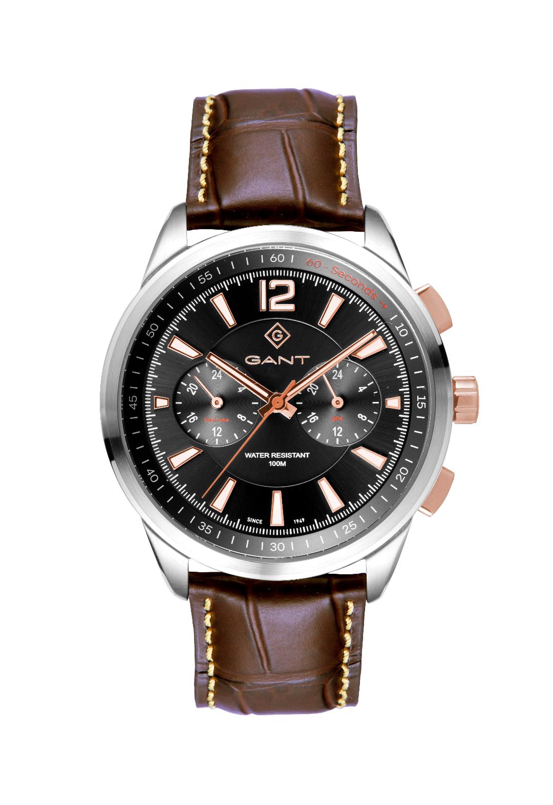Ανδρικό Ρολόι GANT Walworth Dual Time Multifunction Silver Stainless Steel Leather Strap.