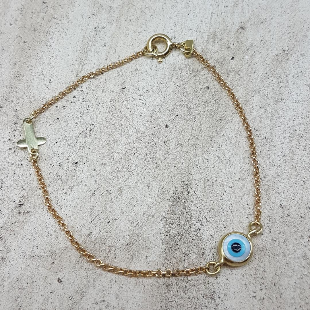 Παιδικό χρυσό βραχιόλι Κ14 διακοσμημένο με Σταυρό και Μάτι.