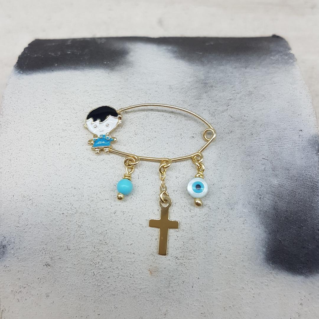 K14 childrens gold nanny decorated with a baby boy, cross, natural blue turquoise and mother of pearl eye.