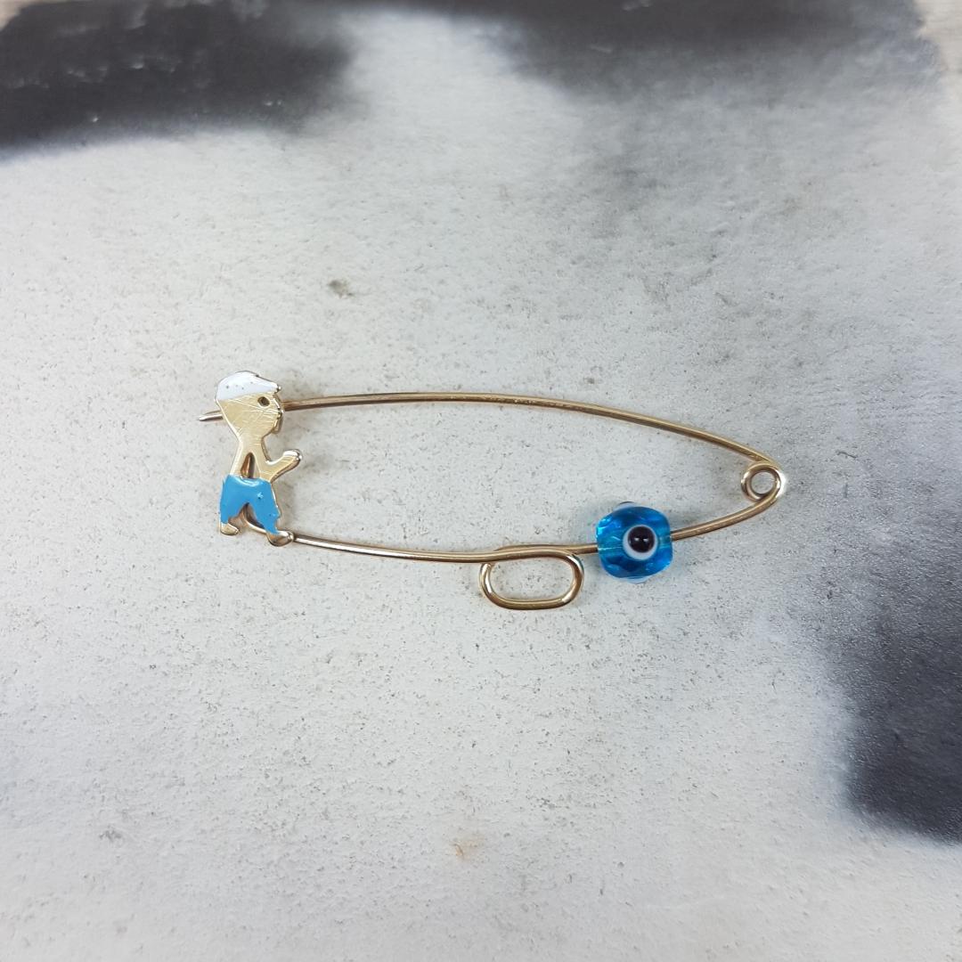 Childrens golden safety pin for Boy K9 decorated with enamel and eyelet.