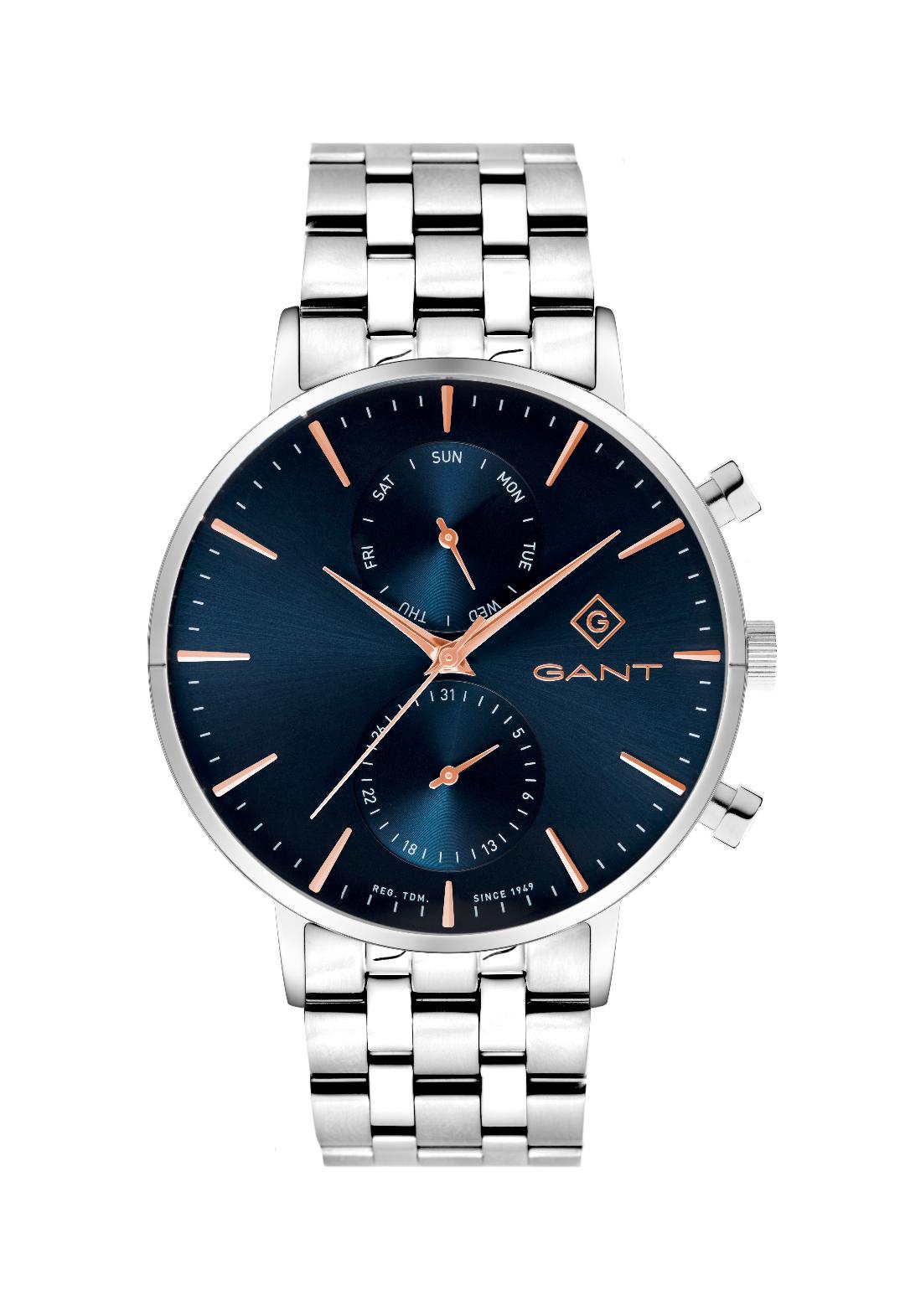 Ανδρικό Ρολόι GANT Park Hill Day -Date II Stainleww Steel Bracelet σε ατσάλινο ασημί μπρασελέ με μπλε καντράν και ροζ χρυσούς δείκτες.