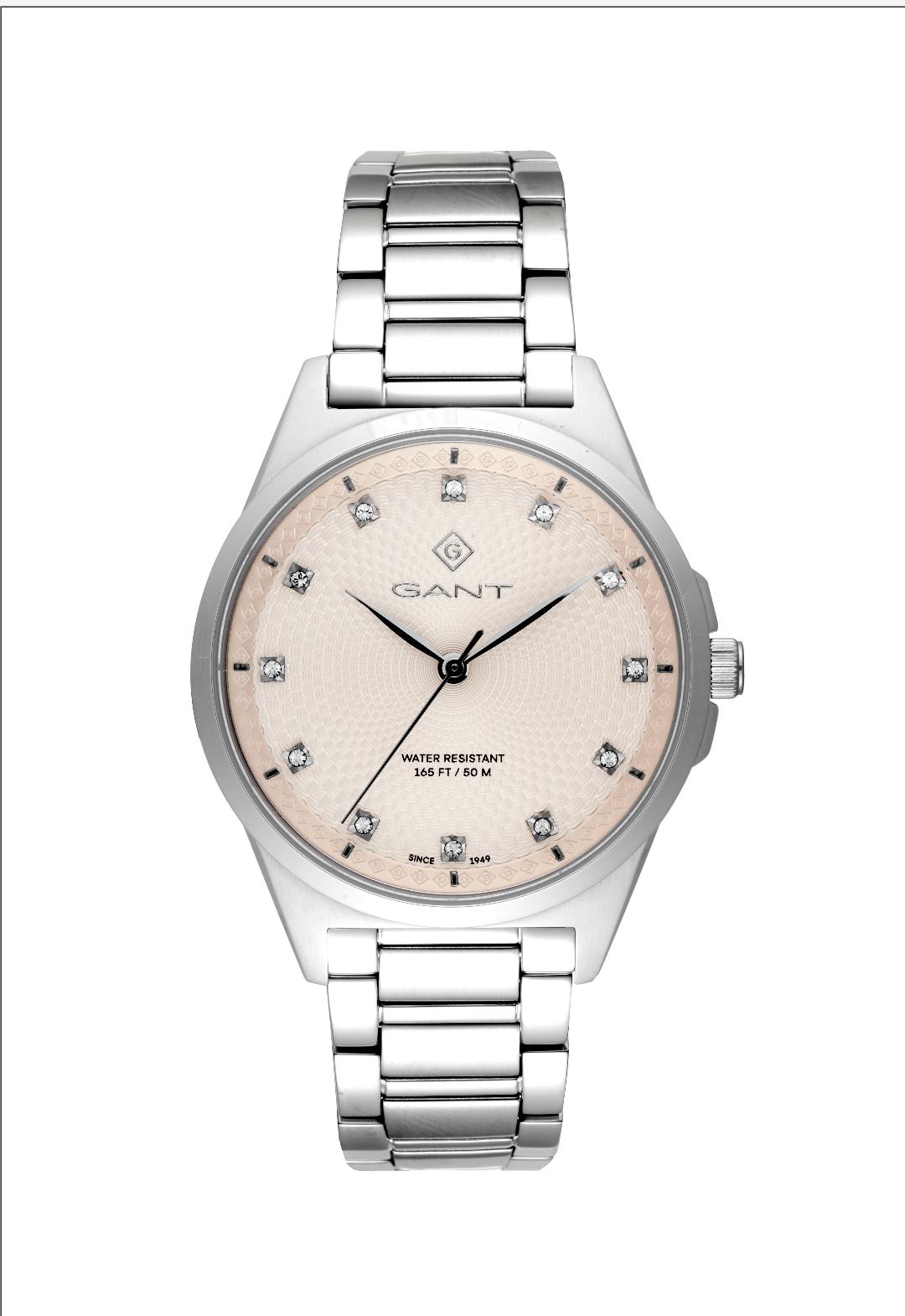 Γυναίκειο Ρολόι GANT Scarsdale Crystals Stainless Steel Bracelet. με μπεζ καντράν και ασημί δείκτες διακοσμημένο με λευκά ζιργκόν.