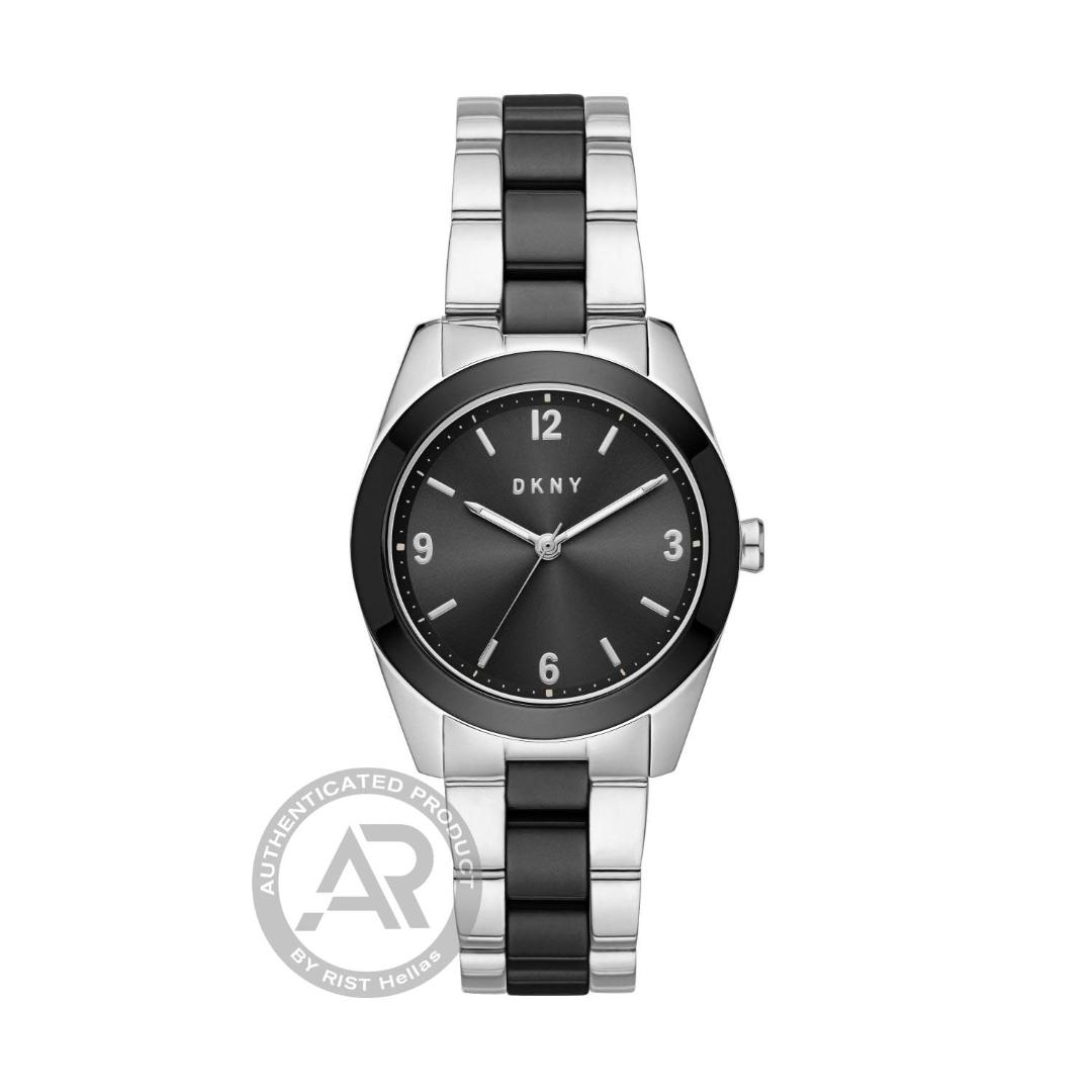 Γυναίκειο Ρολόι DKNY Silver case with Stainless. Μαύρο καντράν με ασημί δείκτες και μπρασελέ ασημί από ανοξείδωτο ατσάλι με μαύρο κεραμικό.