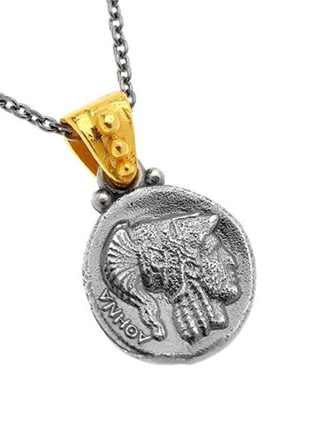 Χειροποίητο μενταγιόν από ασήμι 925 º με επίχρυση λεπτομέρεια που απεικονίζει την θεά Αθηνά και αλυσίδα με επίστρωση μαύρης πλατίνας.