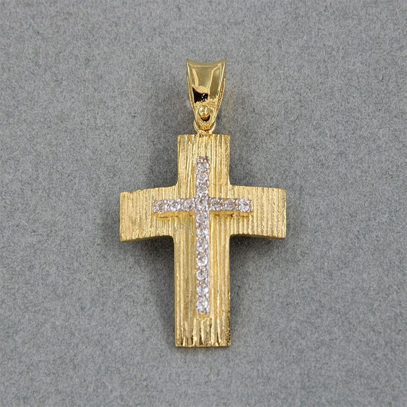 Handmade baptismal cross for girl in yellow and white gold K14 with special engraving processing and white zircons.