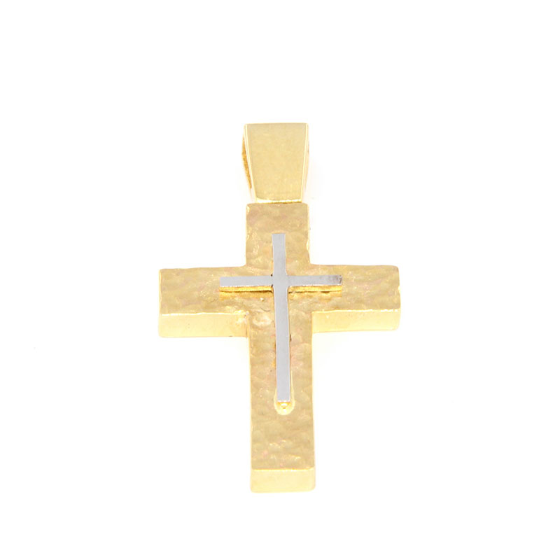 Handmade baptismal cross for boy in yellow and white gold K14 with special forging treatment.
