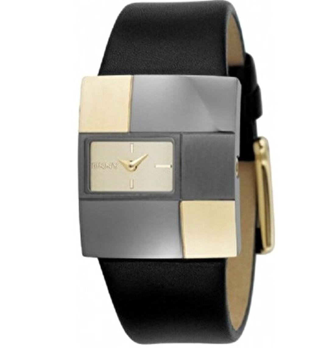 DKNY womens watch with special steel case with black platinum gold plating and black leather strap NY4454.
