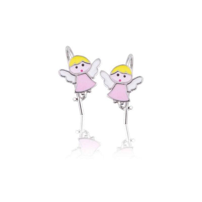 Childrens silver earrings 925 ° in the shape of an angel decorated with enamel.
