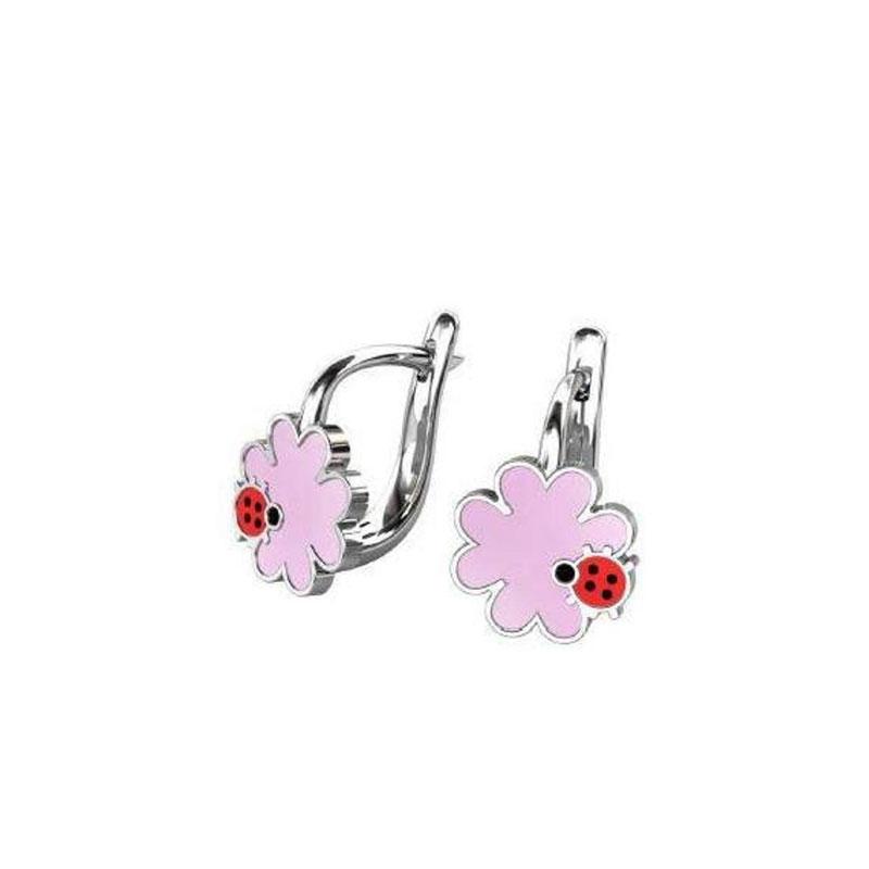 Childrens silver earrings 925 ° in the shape of a flower and a lollipop decorated with enamel.