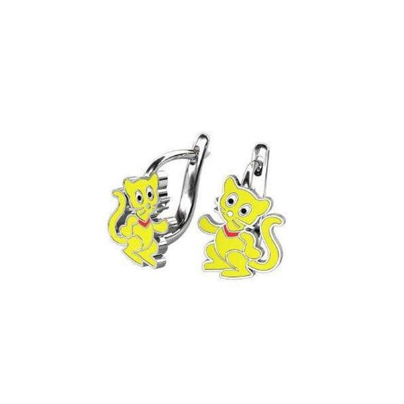 Childrens silver earrings 925 ° in the shape of Kittens decorated with enamel.