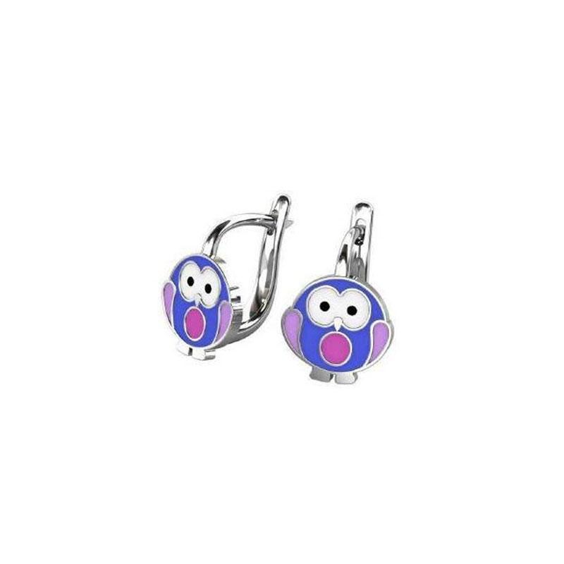 Childrens 925 ° silver earrings in the shape of an owl decorated with enamel.