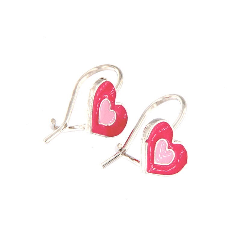 Childrens silver earrings 925 ° in the shape of a heart decorated with enamel.