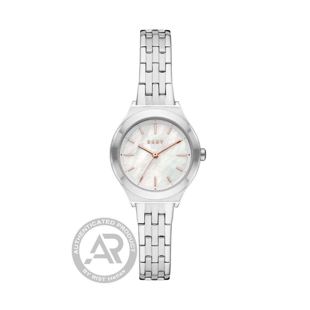 Γυναικείο ρολόι DKNY από ανοξείδωτο ατσάλι με λευκό φίλντισι καντράν και ασφαλείας μπρασελέ ΝΥ2976.