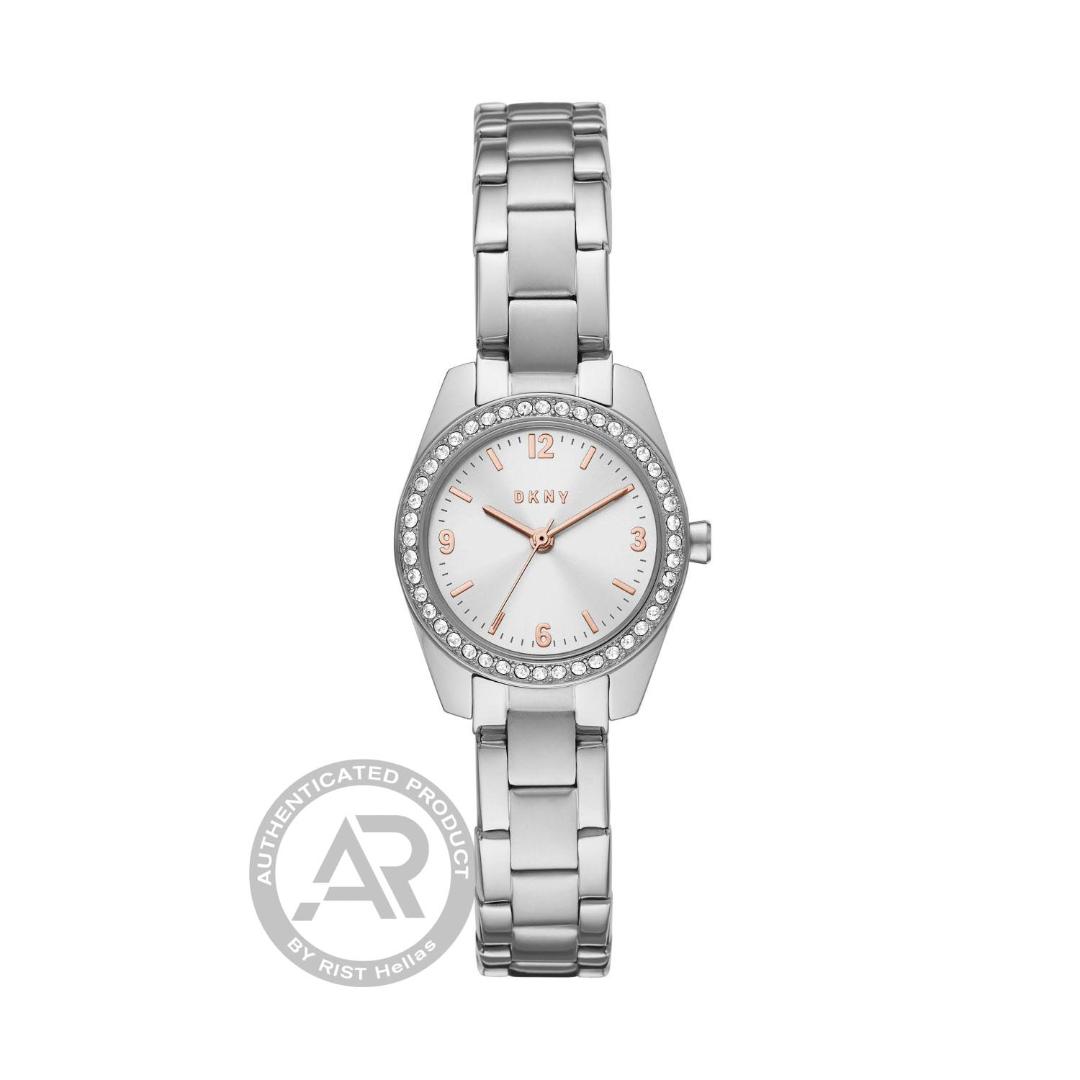 DKNY womens watch made of stainless steel with silver dial, zircon stones and safety bracelet.