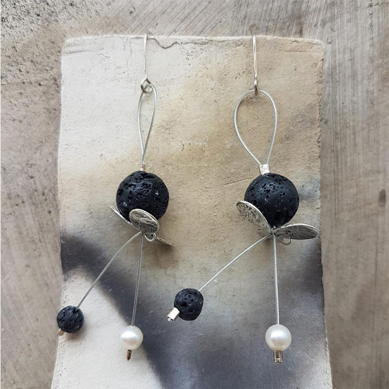 Womens Handmade 925 ° Silver Earrings with Black Lava and Natural Pearls