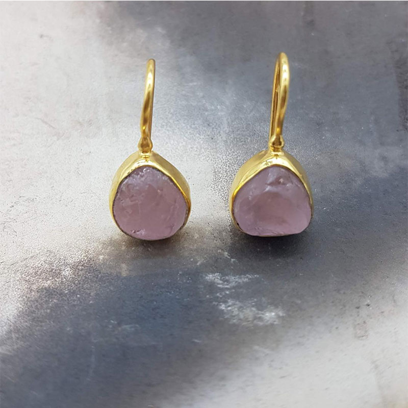 Womens handmade earrings with hook made of K18 Gold and natural pink Morganites.