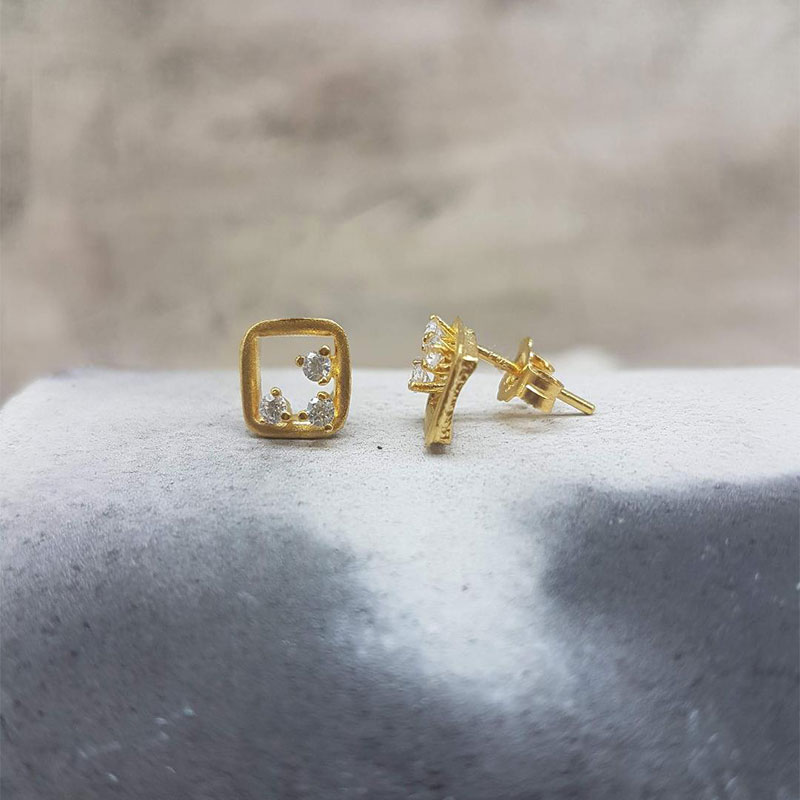 Womens handmade gold earrings K14 in square shape decorated with white zircons.