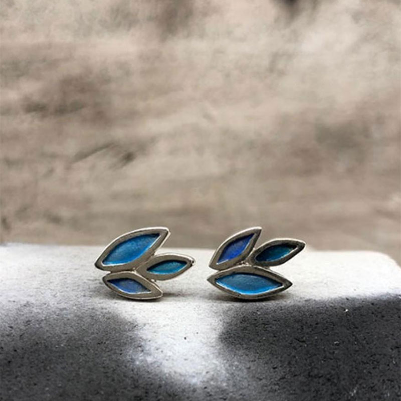 Womens handmade sterling silver earrings 925 ° in the shape of a leaf decorated with blue enamel from the workshop of Joseph.