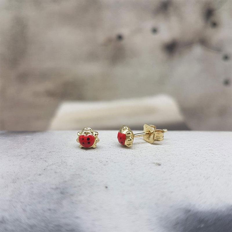 Childrens gold earrings K14 in the shape of a ladybug-ladybug decorated with red enamel.