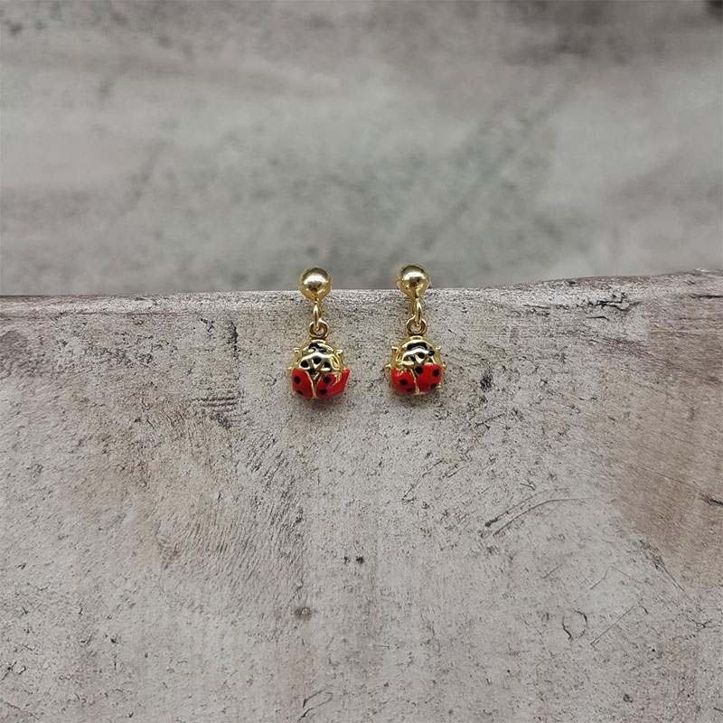 Childrens gold earrings with small K14 pendant in the shape of a ladybug-ladybug decorated with enamel.