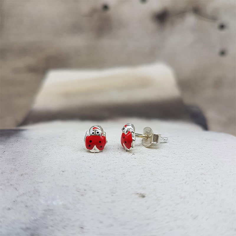 Childrens 925 ° silver earrings in the shape of Marouditsa-Paschalitsa decorated with red enamel.