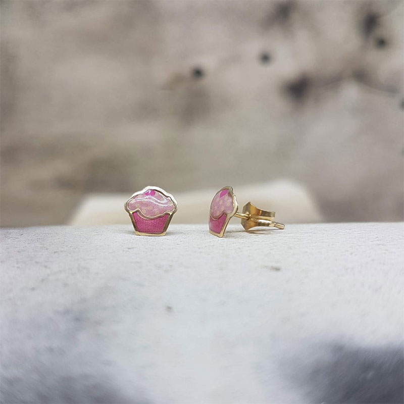Childrens gold earrings K9 in the shape of ice cream decorated with pink enamel.