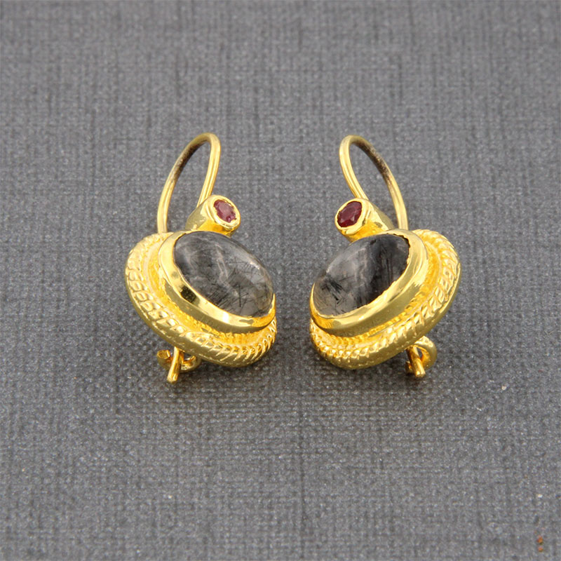 Womens handmade gold plated silver earrings with hook 925 decorated with natural black Rutilia and red, pink Rubies.