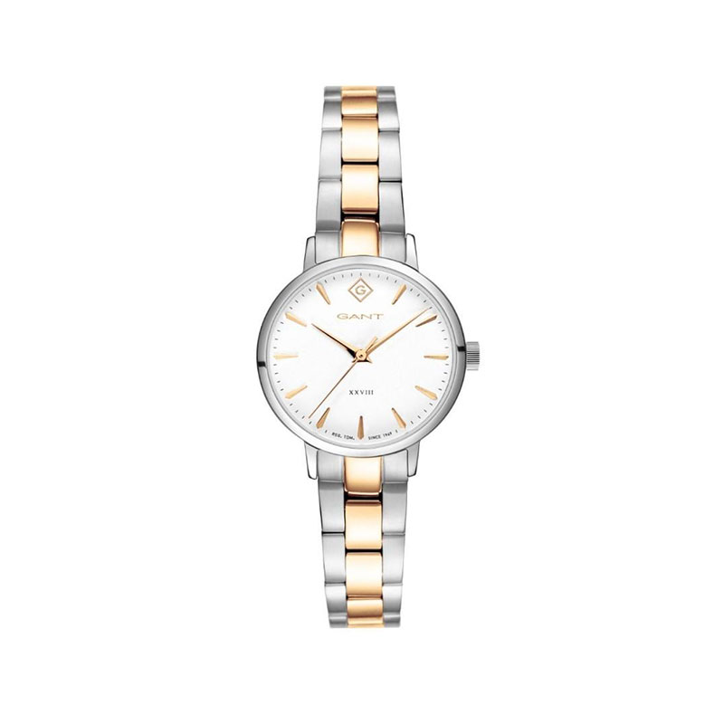 Gant womens watch made of stainless steel with white dial and two-tone bracelet.