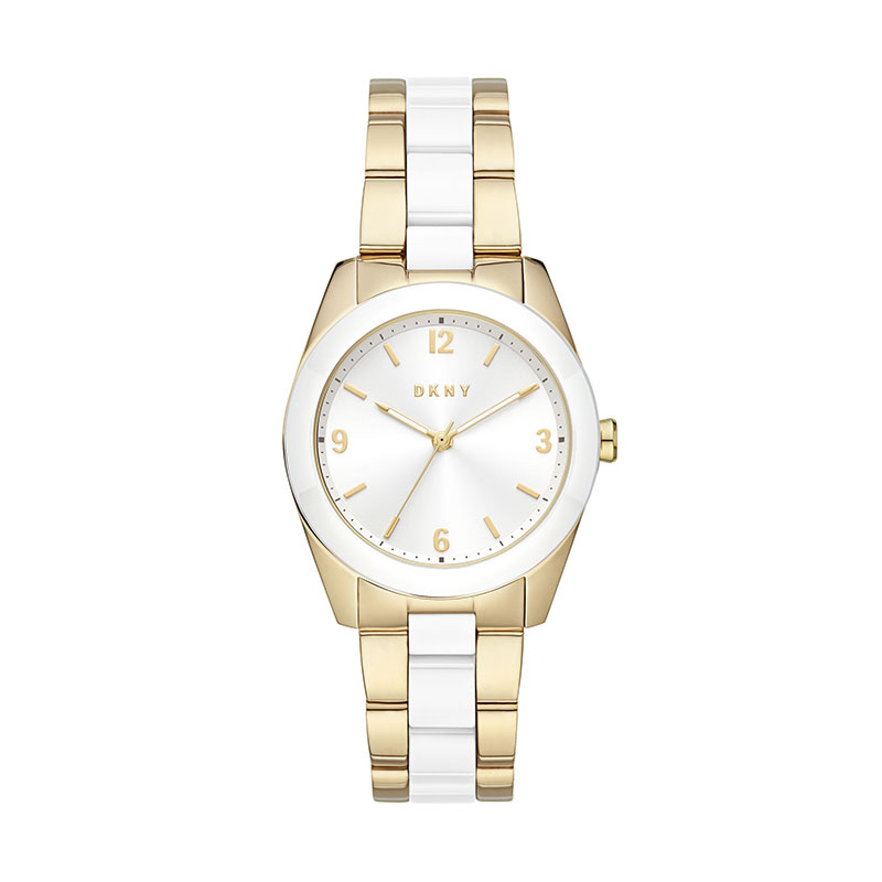 DKNY womens watch with frame and bracelet made of yellow colored stainless steel with white ceramic.