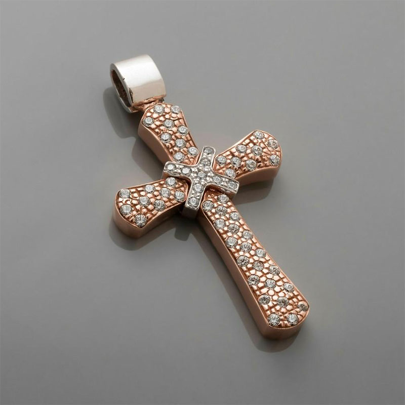 Womens two-tone Cross K14 decorated with white zircons by Valoro workshop.