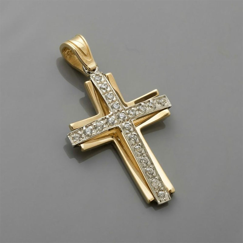 Womens bicolor Cross made of solid metal K14 decorated with white zircons by Valoro workshop.