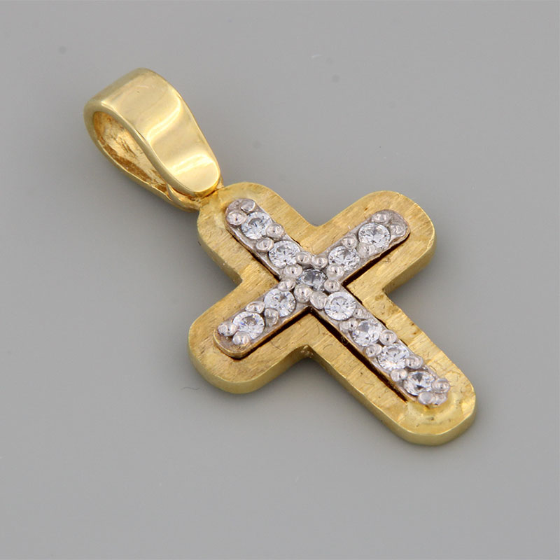Womens handmade cross from yellow gold K14 with special forging treatment white platinum and white zircons.