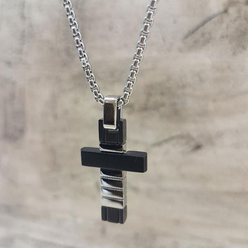 Mens Steel Cross with silver and black platinum.