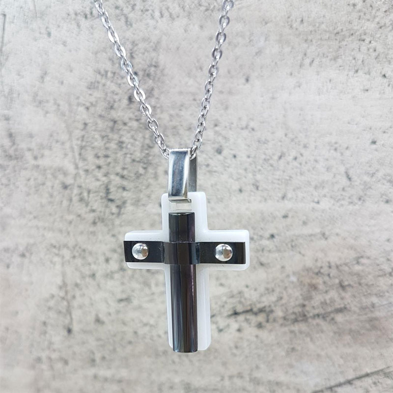 Mens Steel Cross with black platinum and ceramic white.