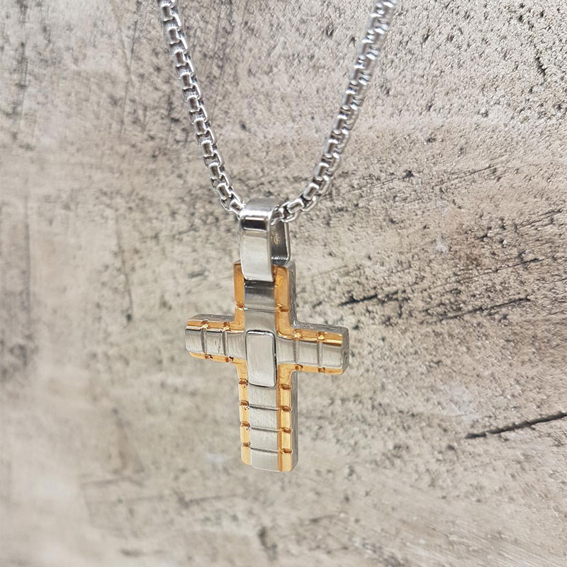 Mens Steel Cross two-tone with chain.