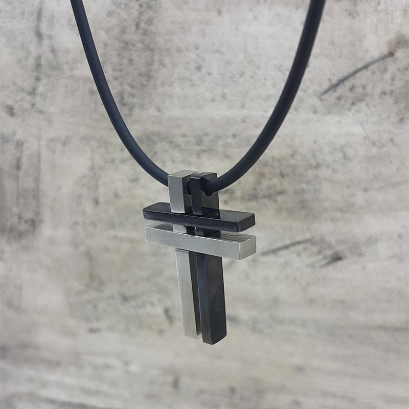 Mens Steel Cross with two-tone silver and black platinum.