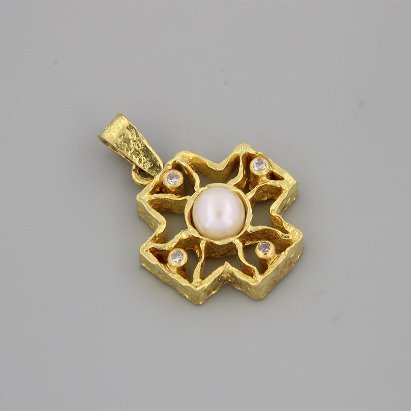 Womens handmade cross from yellow gold K18 decorated with natural Pearl and natural white Diamonds.