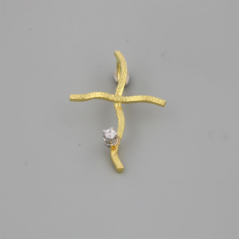 Womens handmade Cross from yellow gold K14 with special forging treatment and white zircon.