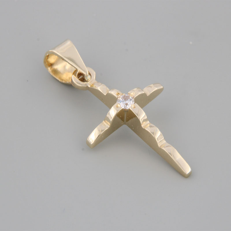 Womens cross made of yellow gold K14 with decorated with white zircon.