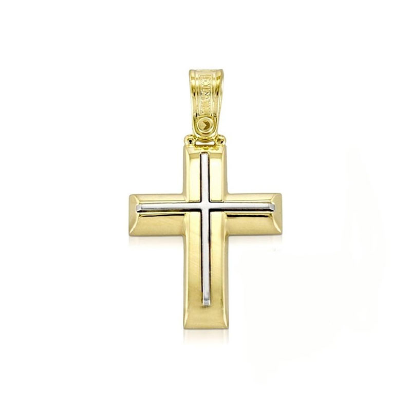 Childrens two-tone gold Cross K14 with polished and matte surfaces from the TRIANTOS workshop.