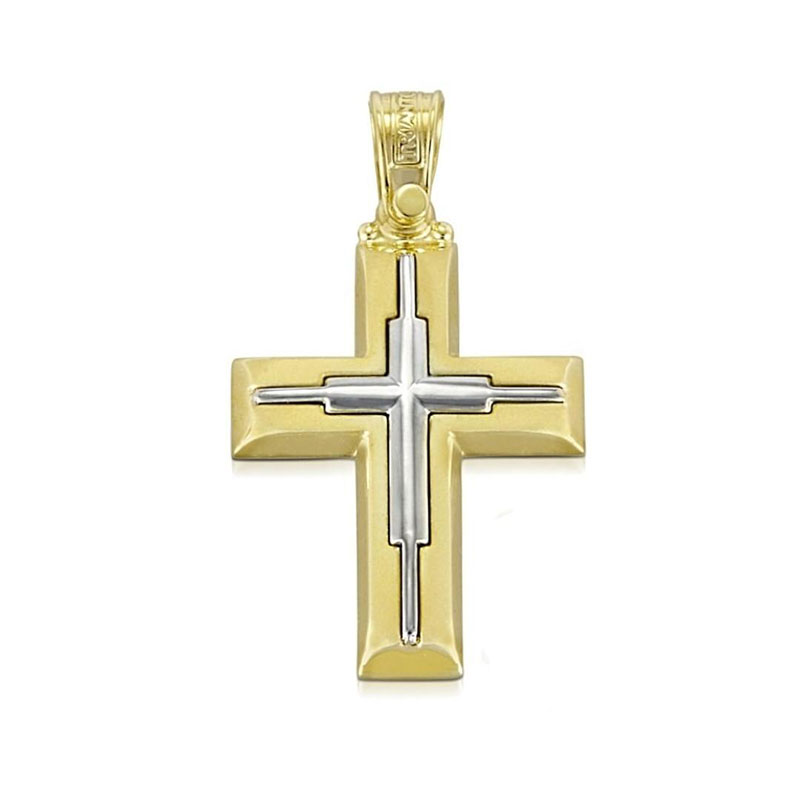Childrens two-tone gold Cross K14 with polished and matte surfaces from the TRIANTOS workshop.