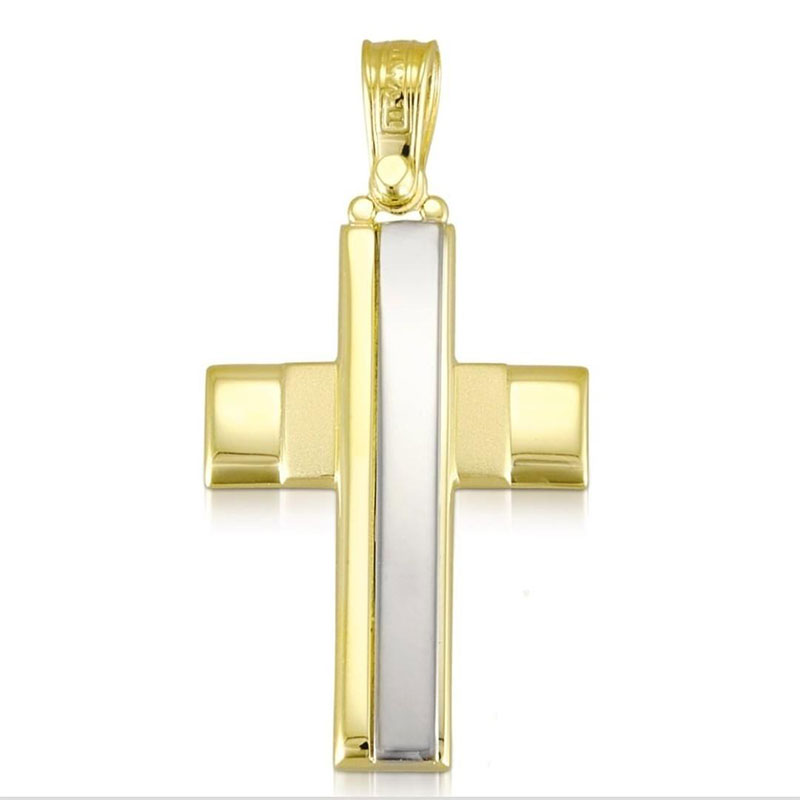 Childrens two-tone gold Cross K14 with polished and matte surfaces from the TRIANTOS workshop.